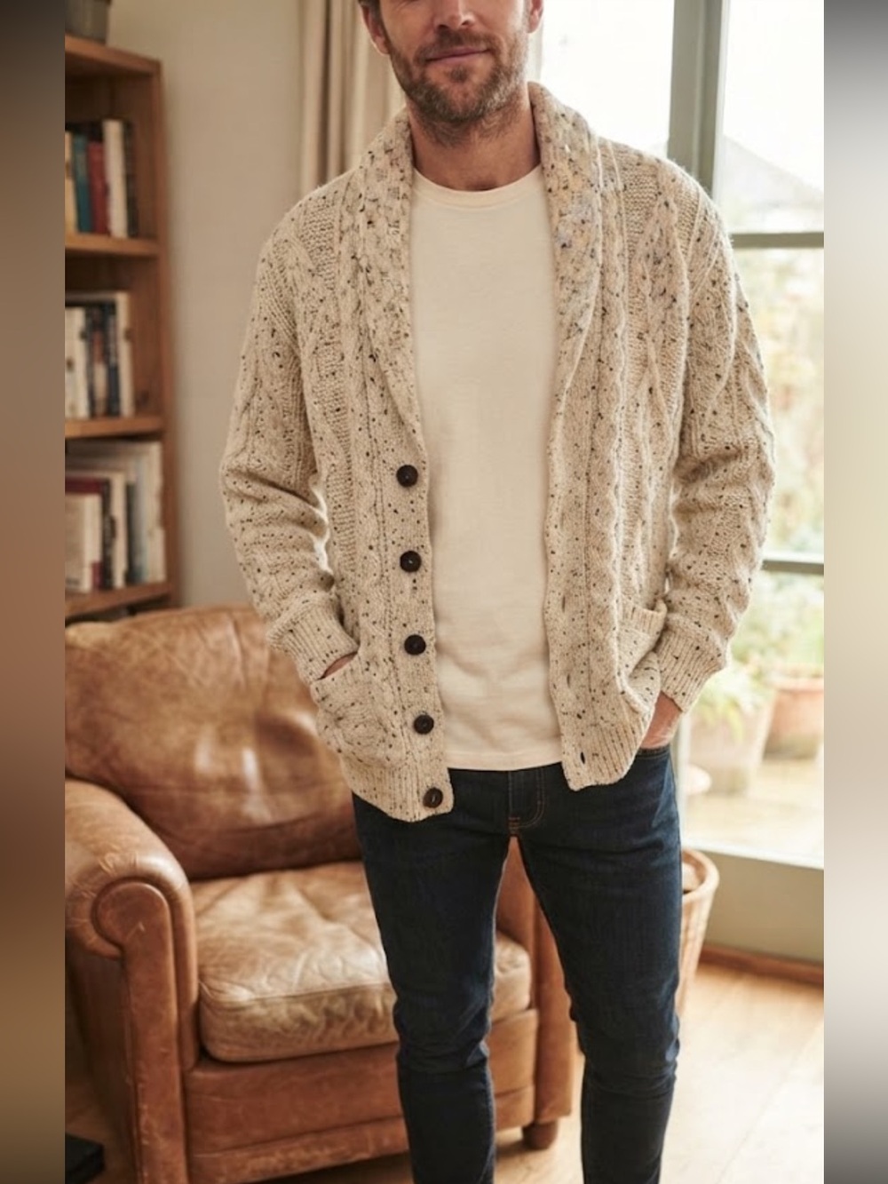 Quills Vintage Irish Aran Shawl Collar Cable Knit Cardigan
